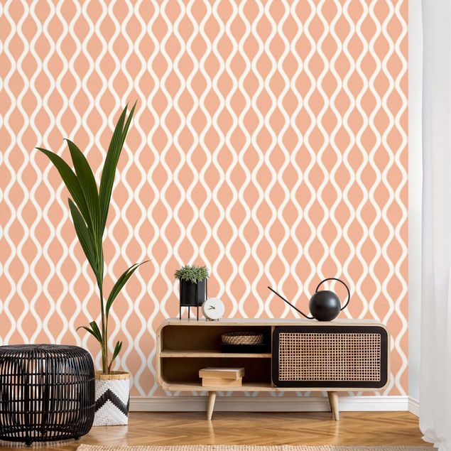 Wanddeko Schlafzimmer Dunkles Retro Muster mit glänzenden Wellen in pfirsich