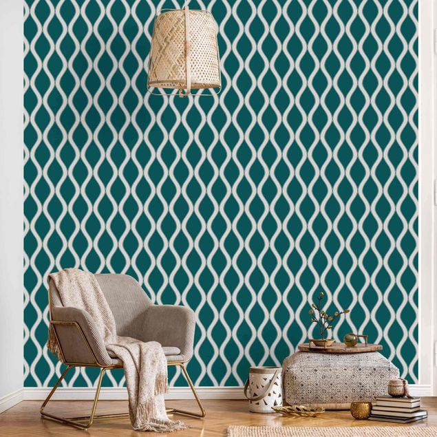 Wanddeko Wohnzimmer Dunkles Retro Muster mit glänzenden Wellen in smaragd