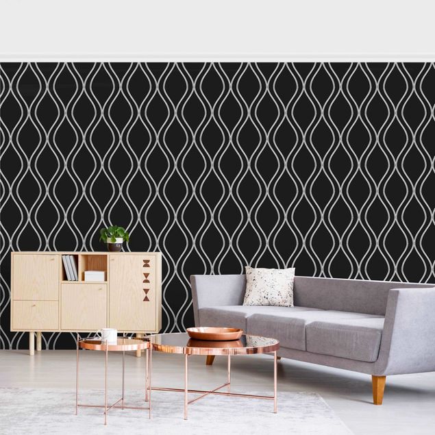Wanddeko Wohnzimmer Dunkles Retro Muster mit grauen Wellen