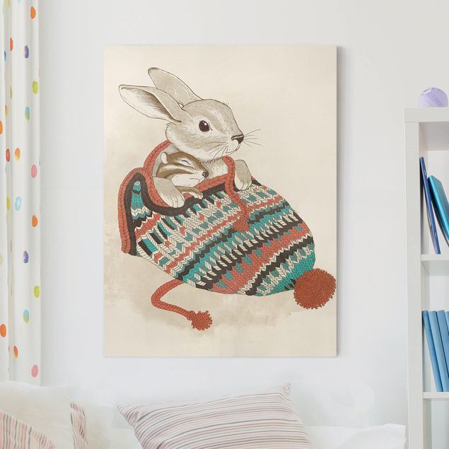 Wanddeko Jugendzimmer Illustration Kuschelnder Hase in Mütze