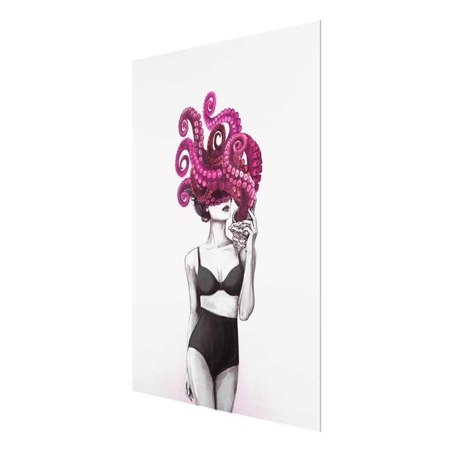 Wanddeko Büro Illustration Frau in Unterwäsche Schwarz Weiß Oktopus