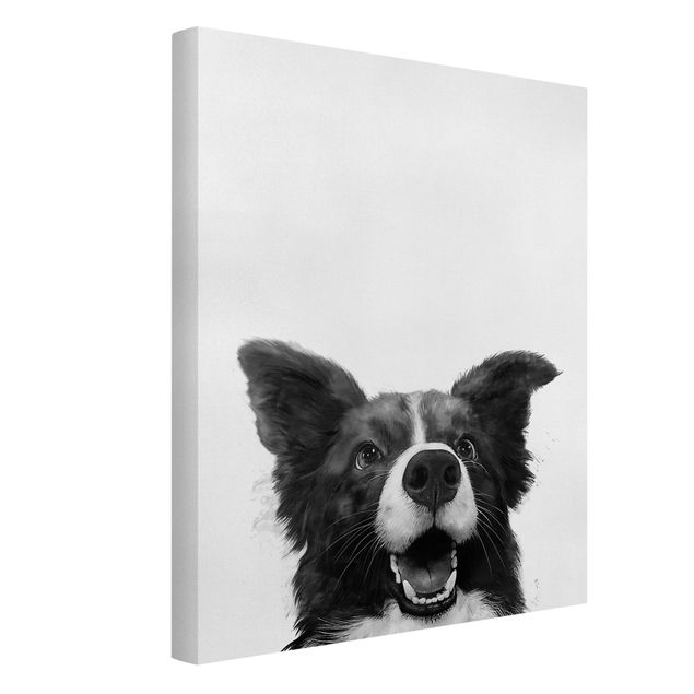 Leinwandbild Hund Illustration Hund Border Collie Schwarz Weiß Malerei