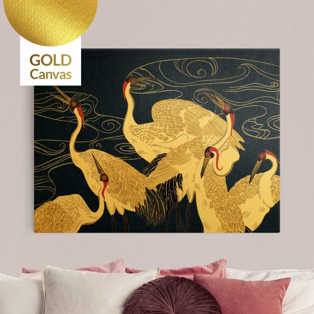 Wanddeko gold Kraniche mit goldenen Federn II