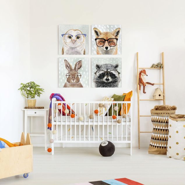 Wanddeko Babyzimmer Bebrillte Tiere Set II