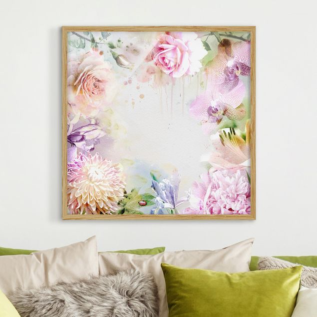 Wanddeko Wohnzimmer Aquarell Blütenmix Pastell
