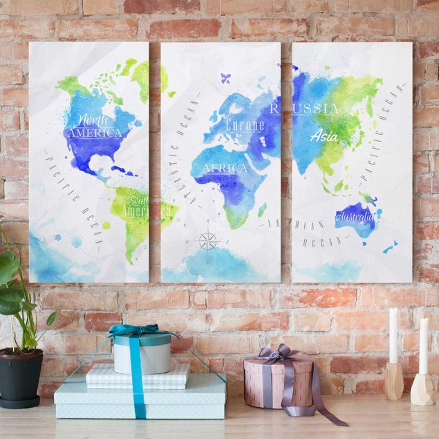 Wanddeko Wohnzimmer Weltkarte Aquarell blau grün