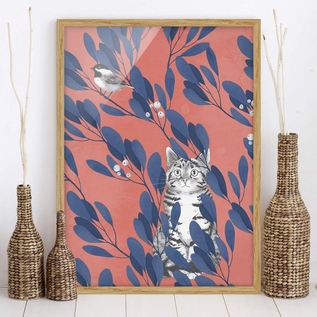 Wanddeko Wohnzimmer Illustration Katze und Vogel auf Ast Blau Rot