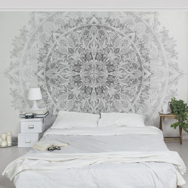 Wanddeko Schlafzimmer Mandala Aquarell Ornament Muster schwarz weiß
