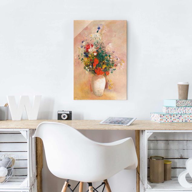 Glasbilder Rose Odilon Redon - Vase mit Blumen (rosenfarbener Hintergrund)
