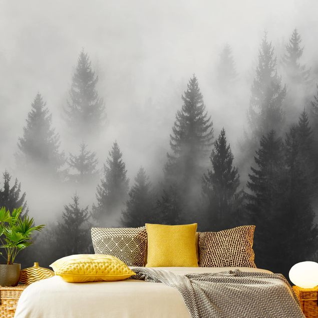 Wanddeko Schlafzimmer Nadelwald im Nebel Schwarz Weiß