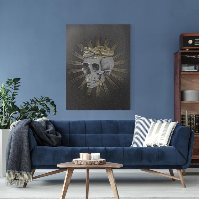 Wanddeko Wohnzimmer Illustration Totenkopf und Schlange Schwarz Gold