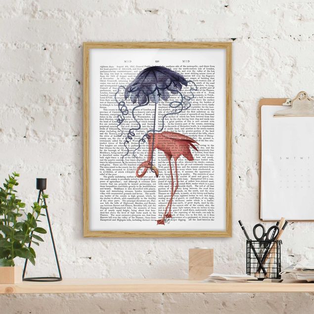 Wanddeko Wohnzimmer Tierlektüre - Flamingo mit Regenschirm
