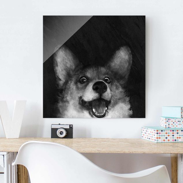 Wanddeko über Sofa Illustration Hund Corgi Malerei Schwarz Weiß
