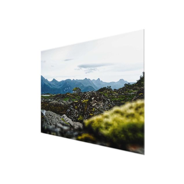 Glasbilder Berge Einsame Hütte in Norwegen