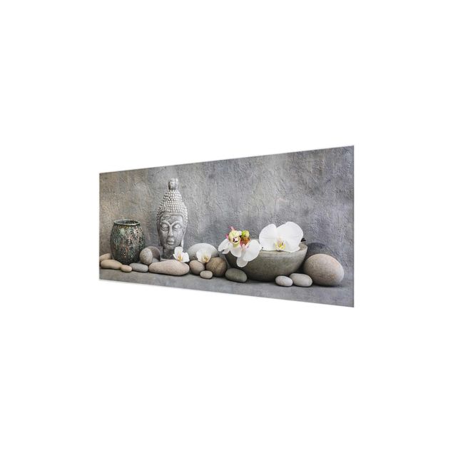 Wanddeko Esszimmer Zen Buddha mit weißen Orchideen