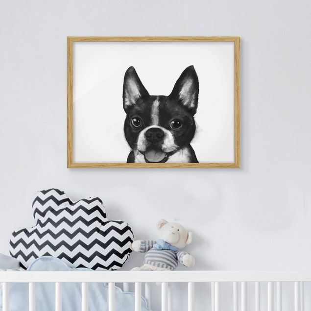 Wanddeko Wohnzimmer Illustration Hund Boston Schwarz Weiß Malerei