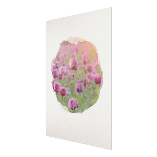 Wanddeko Blume Wasserfarben - Violette Schlafmohn Blumenwiese im Frühling