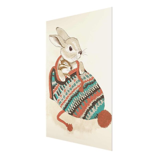 Wanddeko Büro Illustration Kuschelnder Hase in Mütze