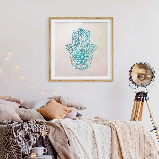 Wanddeko Wohnzimmer Hamsa Hand Illustration Mandala gold blau