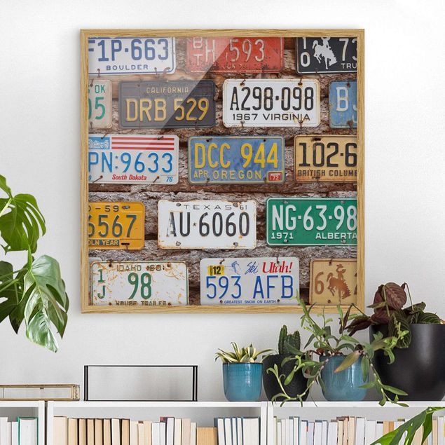 Wanddeko Wohnzimmer Amerikanische Nummernschilder auf Holz