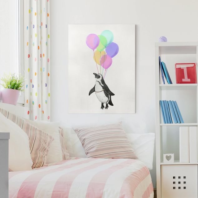 Wanddeko Wohnzimmer Illustration Pinguin Pastell Luftballons