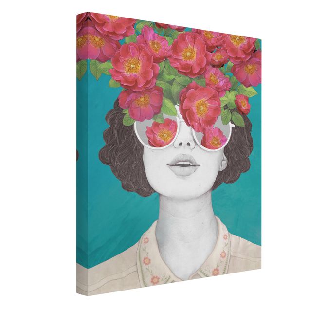 Leinwandbild Rose Illustration Portrait Frau Collage mit Blumen Brille
