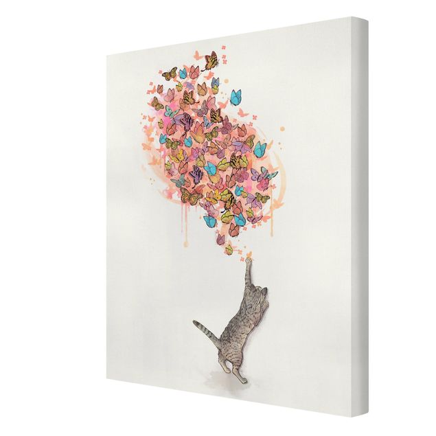 Wanddeko Esszimmer Illustration Katze mit bunten Schmetterlingen Malerei