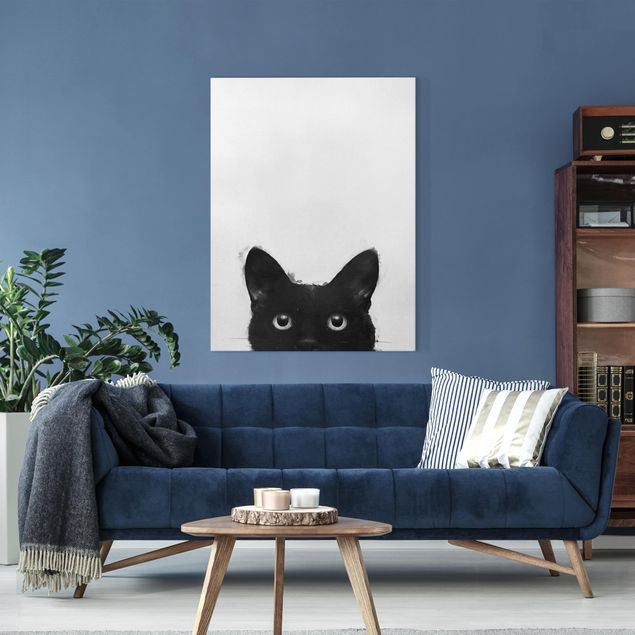 Wanddeko Wohnzimmer Illustration Schwarze Katze auf Weiß Malerei