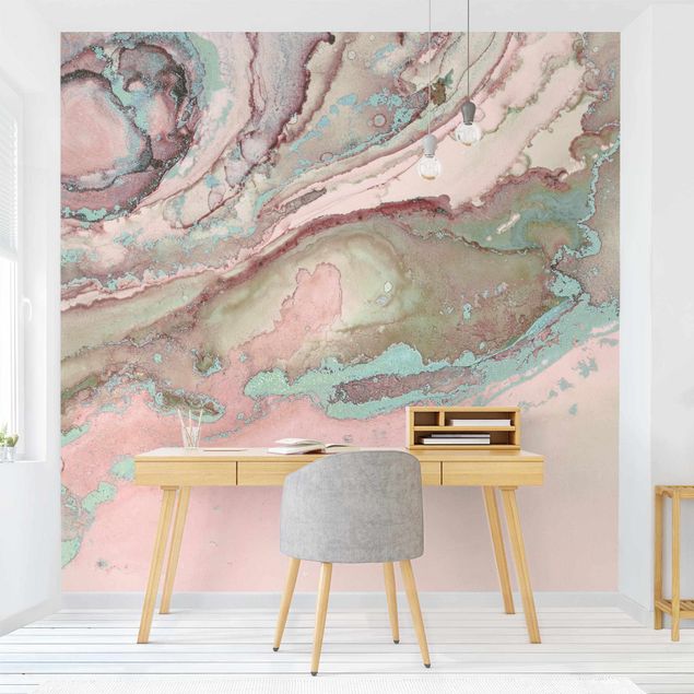 Wanddeko Wohnzimmer Farbexperimente Marmor Rose und Türkis