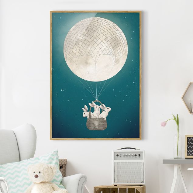 Wanddeko Wohnzimmer Illustration Hasen Mond-Heißluftballon Sternenhimmel
