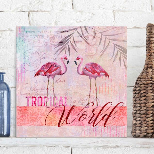 Wanddeko Schlafzimmer Vintage Collage - Tropical World Flamingos