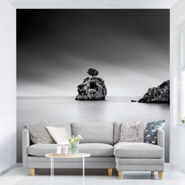 Wanddeko Wohnzimmer Felseninsel im Meer Schwarz-Weiß