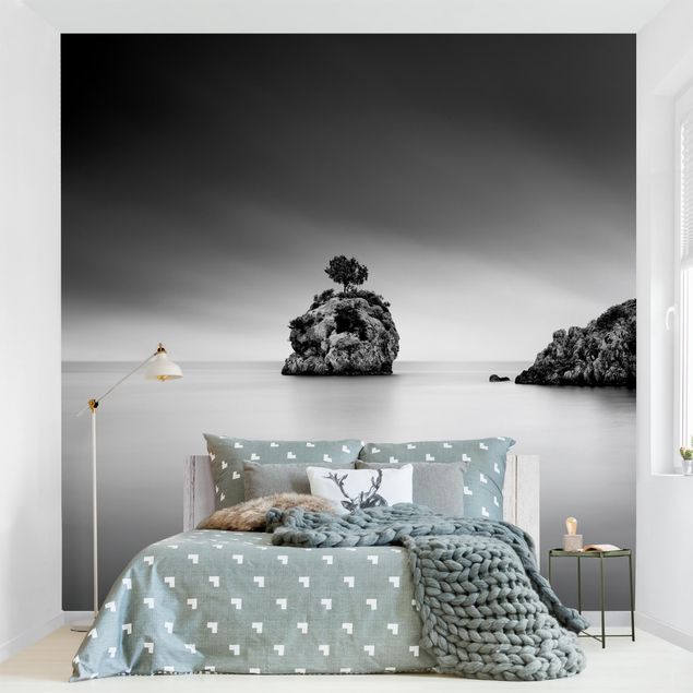 Wanddeko Schlafzimmer Felseninsel im Meer Schwarz-Weiß