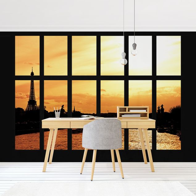Wanddeko Wohnzimmer Fenster Eiffelturm Paris Sonnenaufgang