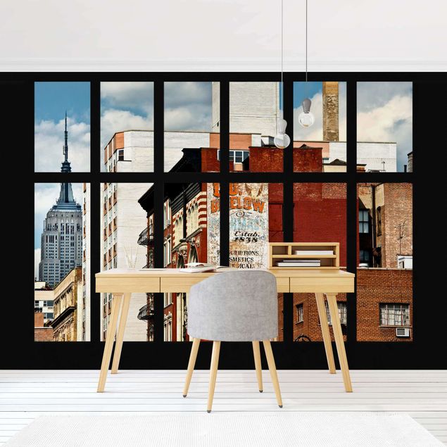 Wanddeko Schlafzimmer Fensterblick auf New York Gebäude