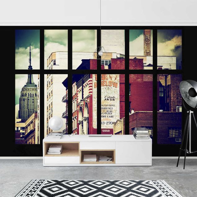 Wanddeko Wohnzimmer Fensterblick auf New York Gebäude Vintage