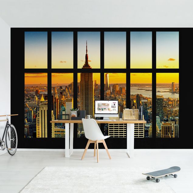 Deko 3D Fensterblick Manhattan Skyline Sonnenuntergang