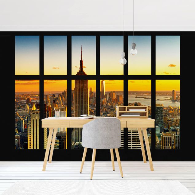 Wanddeko Schlafzimmer Fensterblick Manhattan Skyline Sonnenuntergang