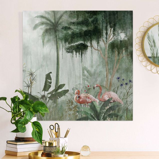 Wanddeko Wohnzimmer Flamingos im Dschungel