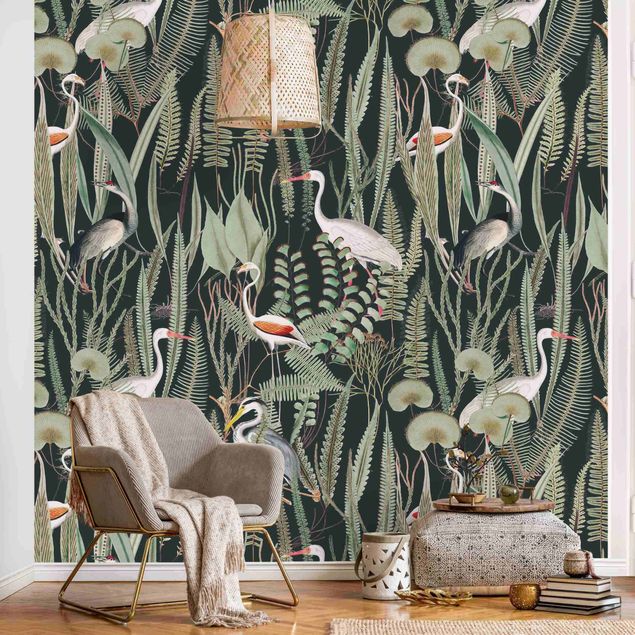 Wanddeko Schlafzimmer Flamingos und Störche mit Pflanzen auf Grün