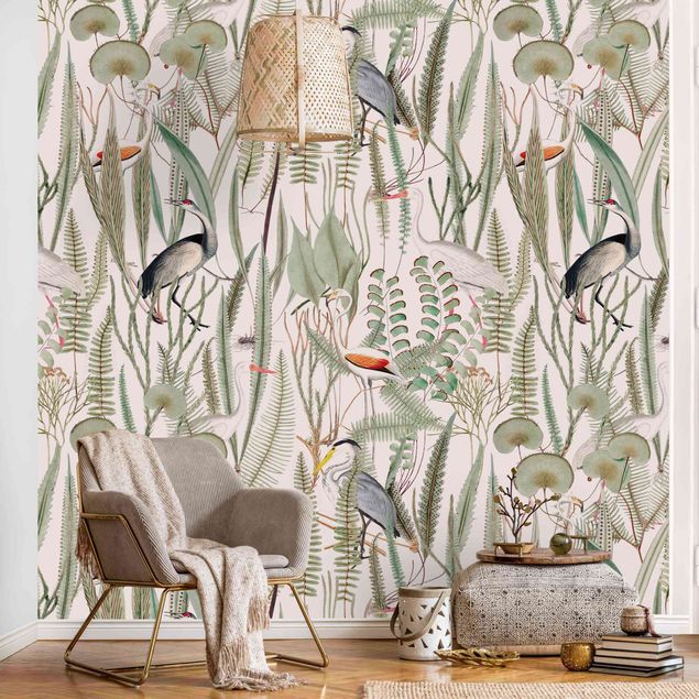 Wanddeko Wohnzimmer Flamingos und Störche mit Pflanzen