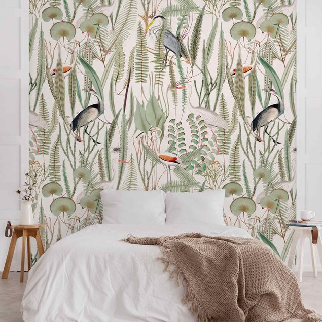 Wanddeko Schlafzimmer Flamingos und Störche mit Pflanzen