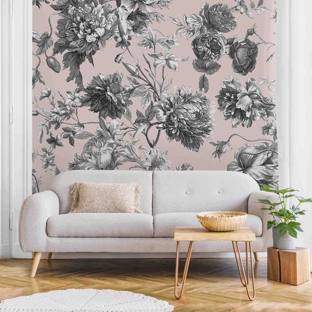 Wanddeko Wohnzimmer Floraler Kupferstich Graubeige