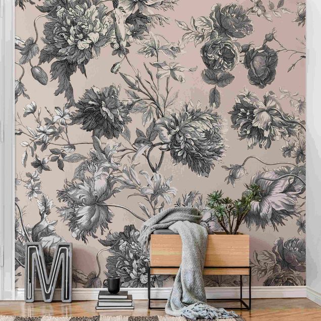Wanddeko Schlafzimmer Floraler Kupferstich Graubeige