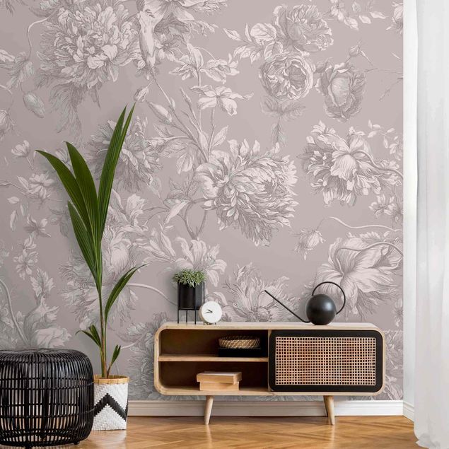 Wanddeko Schlafzimmer Floraler Kupferstich Sandgrau