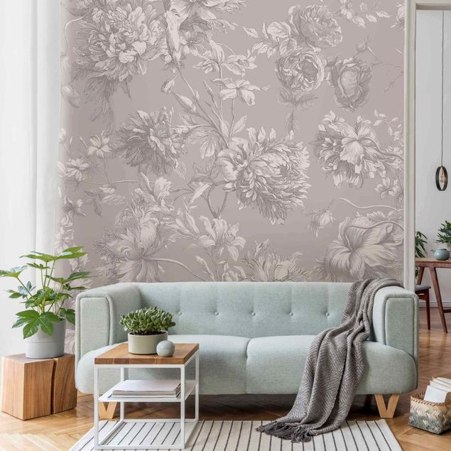 Wanddeko Wohnzimmer Floraler Kupferstich Sandgrau