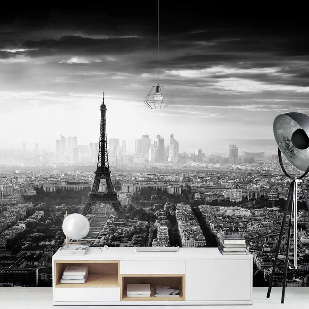 Paris Tapete Der Eiffelturm von Oben Schwarz-weiß
