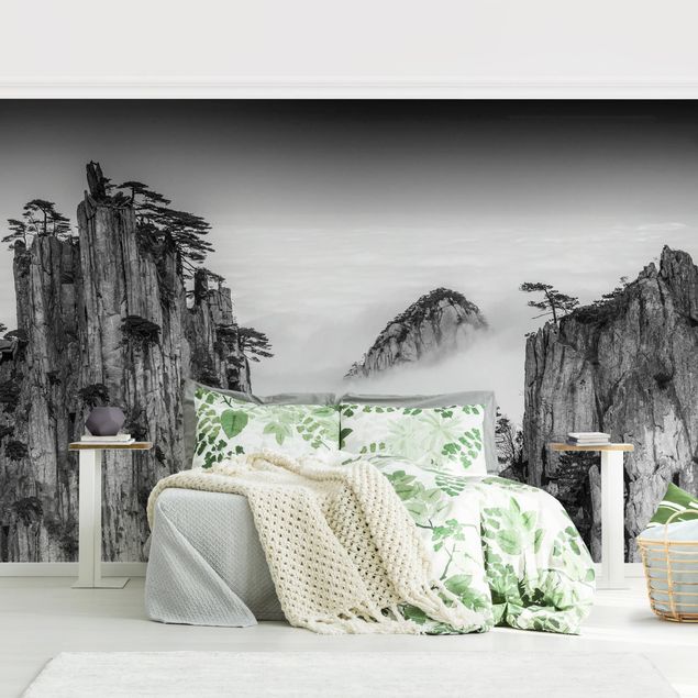 Wanddeko Flur Felsen im Nebel schwarz-weiß