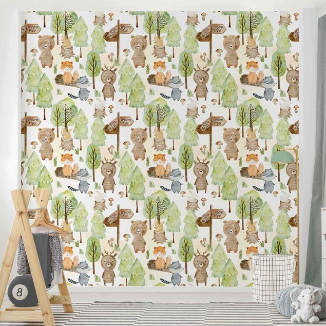 Wanddeko Babyzimmer Fuchs und Bär mit Bäumen