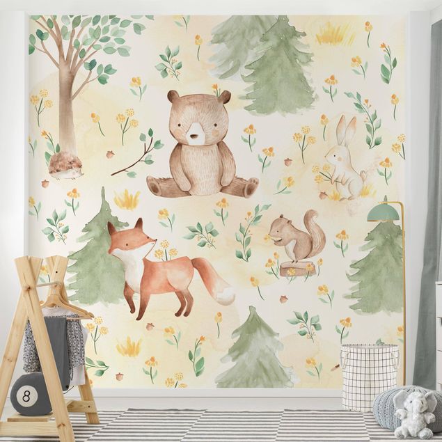 Deko Kinderzimmer Fuchs und Bär mit Blumen und Bäumen